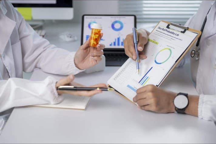 Pharmacist and clinician analysing drug safety data on a clipboard