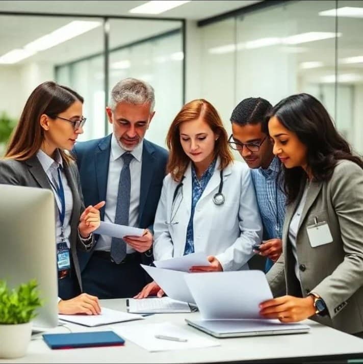 Pharmacovigilance professionals collaborating over case reports in an office
